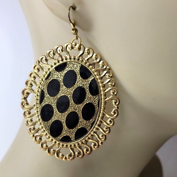 Gold and Black Oval Earrings Gold Filigree Oval Earrings Large Glitter Earrings - Picture 2 of 5